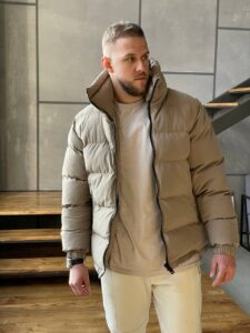 Мужская Зимняя Коричневая Мокко Куртка Базовая - Стеганая Дутая Высокий Воротник
