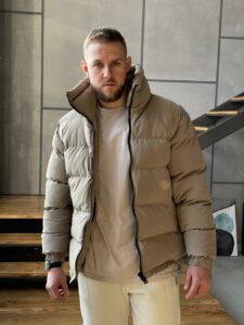 Мужская Зимняя Коричневая Мокко Куртка Базовая - Стеганая Дутая Высокий Воротник