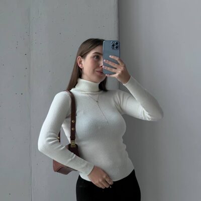 Женский Белый Гольф с Двойным Горлом Воротником - Облегающая Кофта Водолазка