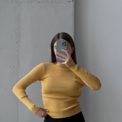 Женский Горчичный Гольф с Двойным Горлом Воротником - Облегающая Кофта Водолазка