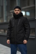 Мужская Зимняя Куртка Черного Цвета Водоотталкивающая Базовая - Приталенная Стеганая с Капюшоном