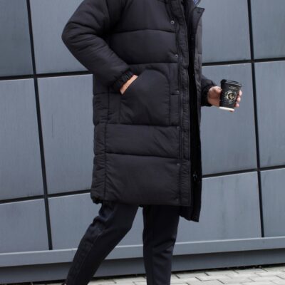 Мужская Зимняя Черная Куртка Парка Удлиненная - Легкая Теплая Прямого Кроя с Капюшоном