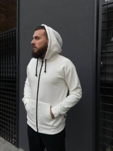 Мужское Теплое Белое Худи на Флисе - Утепленная Кофта на Молнии Замке с Капюшоном