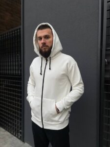 Мужское Теплое Белое Худи на Флисе - Утепленная Кофта на Молнии Замке с Капюшоном