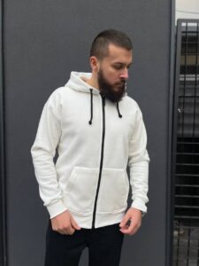 Мужское Теплое Белое Худи на Флисе - Утепленная Кофта на Молнии Замке с Капюшоном