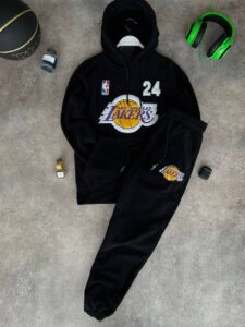 Мужской Теплый Флисовый Черный Спортивный Костюм с Принтом Вышивкой - Худи + Штаны