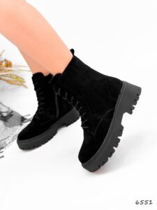 Женские Зимние Ботинки Черные - Высокие из Натуральной Замши с Мехом