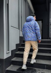 Мужской Утепленный Фиолетовый Анорак в Принт Котах - Ветрозащитный с Капюшоном и Молнией на Воротнике