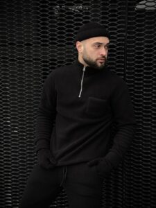 Мужской Теплый Флисовый Черный Костюм - Кофта с Молнией на Воротнике + Штаны Джоггеры