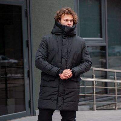 Мужская Длинная Зимняя Черная Куртка Парка - Прямого Кроя с Капюшоном и Манжетами