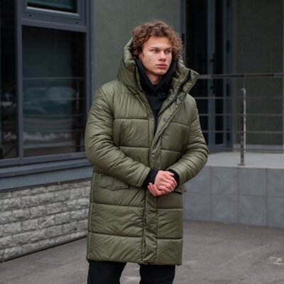 Мужская Длинная Зимняя Куртка Парка Цвета Хаки - Прямого Кроя с Капюшоном и Манжетами