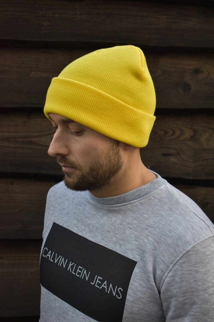 photo_2023-01-11_10-26-46 Мужская Базовая Желтая Шапка в Рубчик с Отворотом
