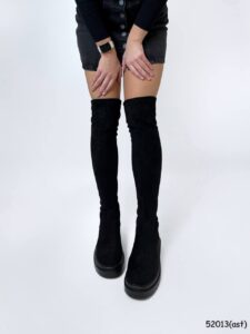 Женские Демисезонные Черные Сапоги Ботфорты - Высокие из Экозамши с Флисом