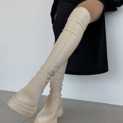 Женские Демисезонные Беживые Сапоги Ботфорты - Высокие из Экокожи с Флисом