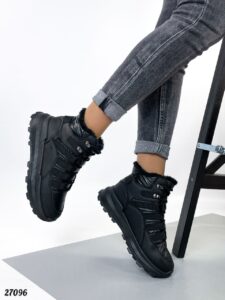 Женские Зимние Ботинки Черные - Высокие из Экокожи Плащевые с Мехом