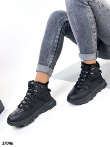 Женские Зимние Ботинки Черные - Высокие из Экокожи Плащевые с Мехом
