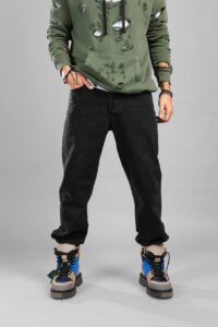 Мужские Черные Джинсы Свободные Широкие - Джинсовые Штаны Прямого Кроя с Манжетами на Липучках