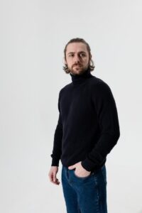 Мужской Базовый Темно-Синий Свитер Гольф - Теплый с Высоким Двойным Воротником