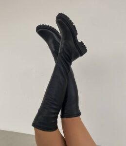 Женские Демисезонные Черные Сапоги Ботфорты - Высокие из Натурально Кожи с Флисом