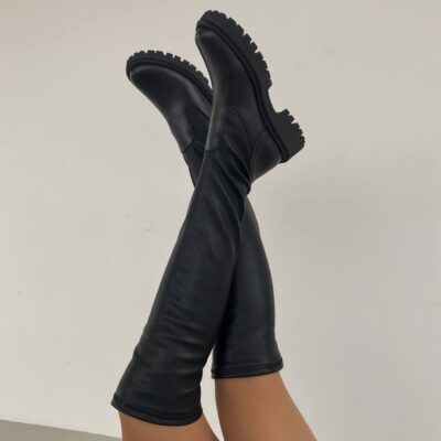 Женские Демисезонные Черные Сапоги Ботфорты - Высокие из Натурально Кожи с Флисом