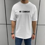 Мужская Базовая Белая Футболка Хлопковая - Свободного Кроя с Надписью "No Comment"