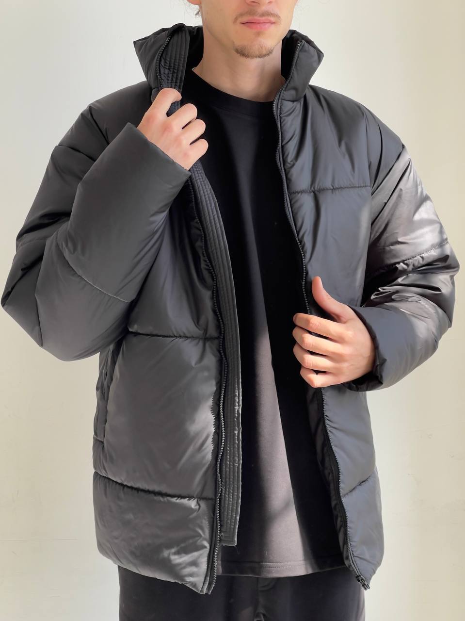 photo_2023-01-29_12-23-29 Мужская Базовая Черная Куртка Оверайз - Демисезонная Теплая с Высоким Воротником Стойкой