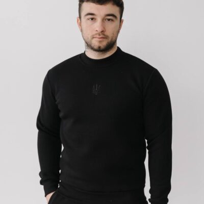 Мужской Базовый Свитшот Черного Цвета - Утепленный на Флисе с Вышивкой Тризубом