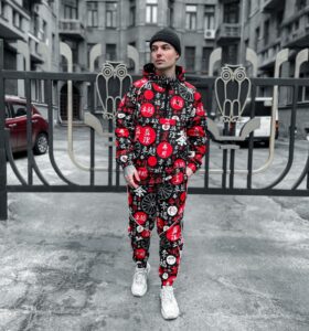 Мужской Черный Костюм из Плащевки в Принт Китайских Иероглифах - Анорак + Штаны