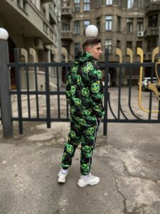Мужской Черный Костюм из Плащевки в Принт Смайлах - Анорак + Штаны