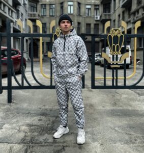 Мужской Серый Костюм из Плащевки в Клетку - Анорак + Штаны