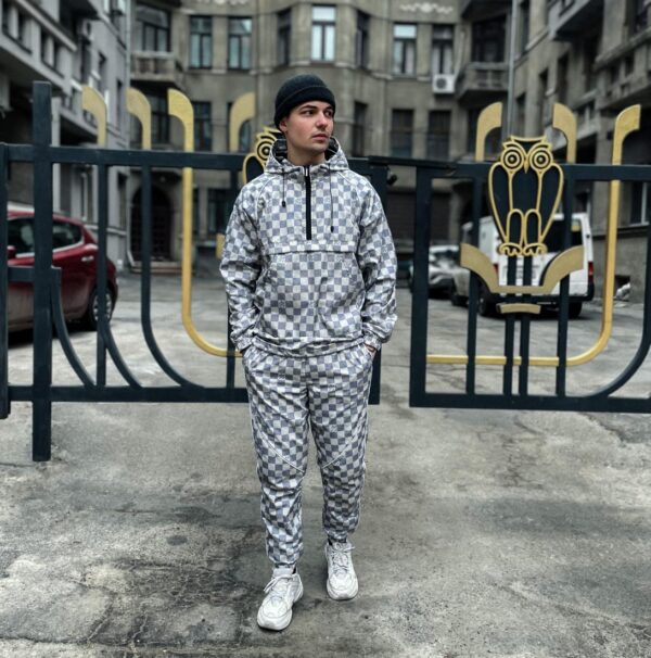 Мужской Серый Костюм из Плащевки в Клетку - Анорак + Штаны