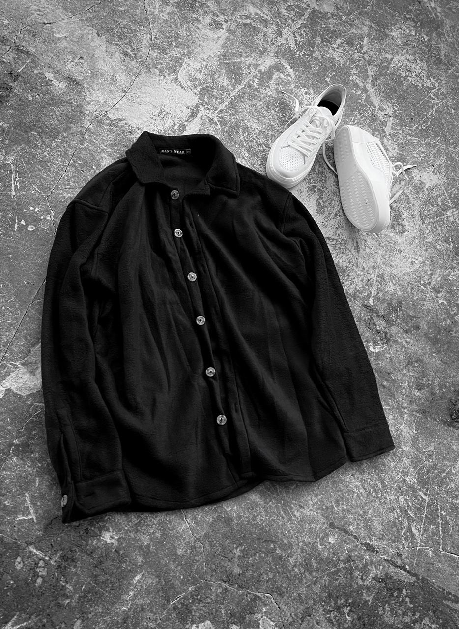 photo_2023-02-09_08-49-42 Мужская Флисовая Черная Рубашка на Пуговицах с Воротником Поло