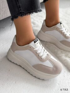 Женские Демисезонные Кроссовки Белые Бежевые из Экозамши Экокожи внутри Текстиль