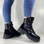 Женские Зимние Черные из Натуральной Замши Плащевые с Мехом