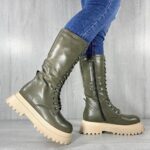 Женские Зимние Оливковые Ботинки Высокие из Экокожи с Флисом