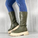 Женские Зимние Оливковые Ботинки Высокие из Экокожи с Флисом