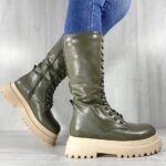 Женские Зимние Оливковые Ботинки Высокие из Экокожи с Флисом