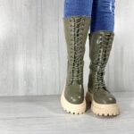 Женские Зимние Оливковые Ботинки Высокие из Экокожи с Флисом