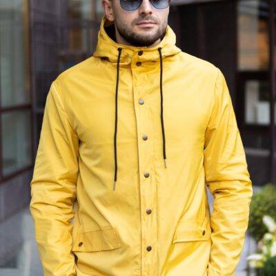 Мужская Демисезонная Желтая Куртка - Водоотталкивающая на Кнопках с Капюшоном