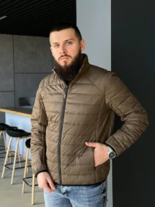 Мужская Демисезонная Куртка Цвета Хаки Прямого Кроя - Базовая Стеганая с Воротником Стойкой
