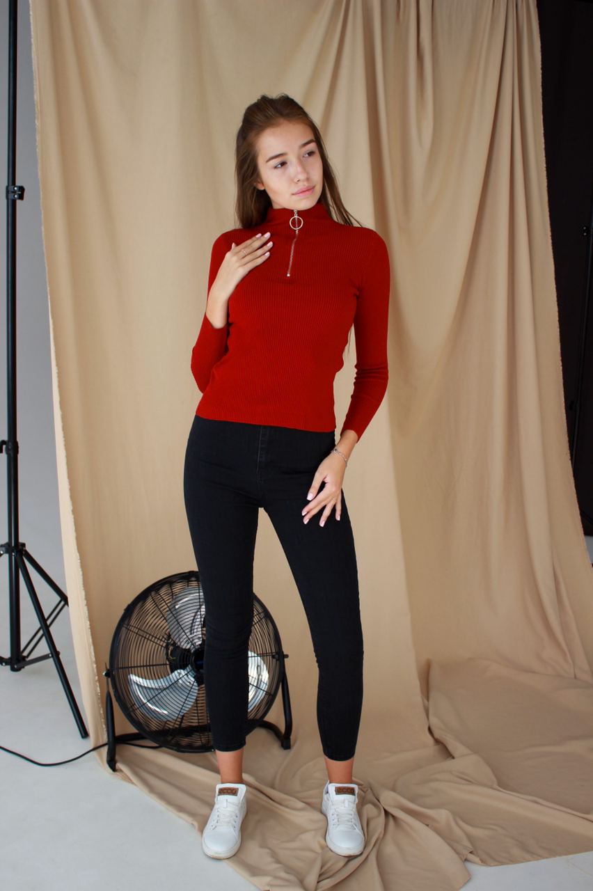 photo_2023-03-13_09-59-20 (2) Женский Красный Гольф в Рубчик с Молнией на Воротнике и Укороченными Рукавами