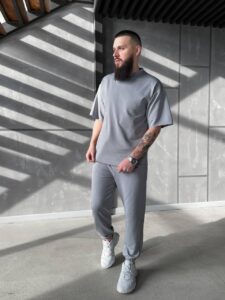 Мужской Свободный Базовый Комплект Серого Цвета - Футболка Оверсайз + Штаны Джоггеры с Манжетами