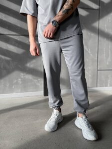 Мужской Свободный Базовый Комплект Серого Цвета - Футболка Оверсайз + Штаны Джоггеры с Манжетами