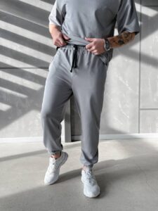 Мужской Свободный Базовый Комплект Серого Цвета - Футболка Оверсайз + Штаны Джоггеры с Манжетами