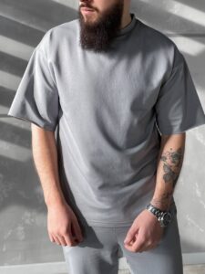 Мужской Свободный Базовый Комплект Серого Цвета - Футболка Оверсайз + Штаны Джоггеры с Манжетами