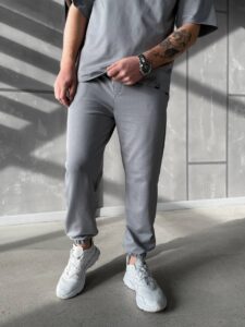 Мужской Свободный Базовый Комплект Серого Цвета - Футболка Оверсайз + Штаны Джоггеры с Манжетами