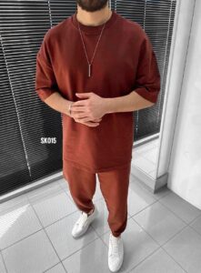 Мужской Терракотовый Костюм Комплект Оверсайз - Объемная Футболка + Штаны Джоггеры