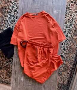 Мужской Терракотовый Костюм Комплект Оверсайз - Объемная Футболка + Штаны Джоггеры