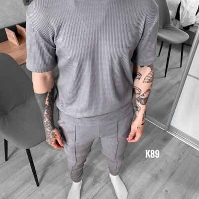 Мужской Серый Костюм Комплект в Рубчик - Футболка + Штаны со Стрелками