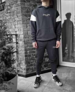 Мужской Темно-Серый Графитовый Костюм с Белыми Вставками - Худи Оверсайз + Штаны Джоггеры